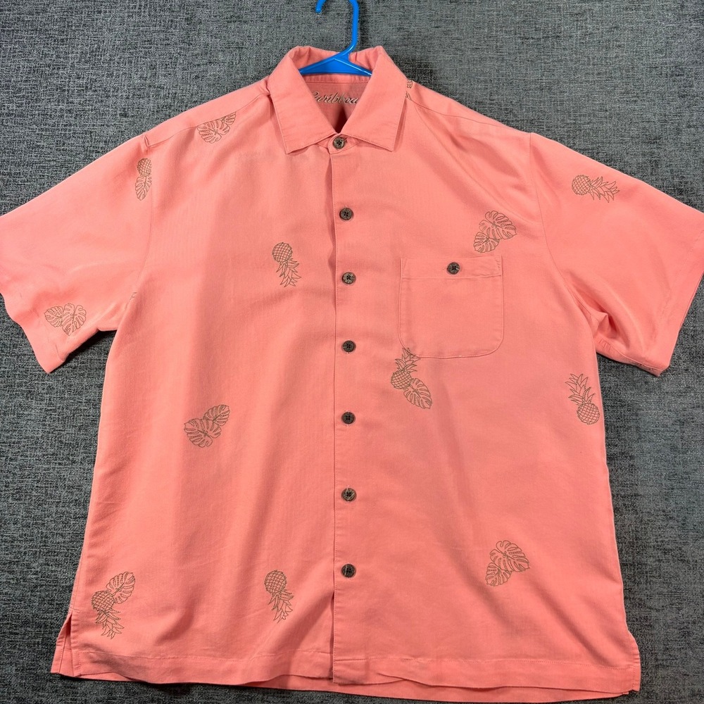 Caribbean Camp Shirt Mens L Coral Pink Pineapple Embroidered Rayon Blend Short S